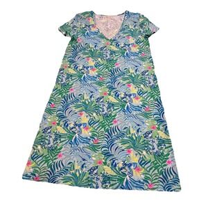 Lilly Pulitzer Dress Medium Blue Green Etta Short Sleeve Via Parigi Floral Lions